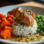 Creamy Garlic Chicken with Rice, Buttered Carrots & Tender Green Peas