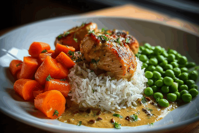Creamy Garlic Chicken with Rice, Buttered Carrots & Tender Green Peas