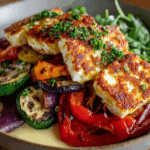 Grilled Halloumi with Roasted Veggies & Lemon Dressing