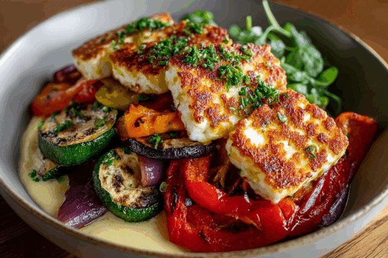 Grilled Halloumi with Roasted Veggies & Lemon Dressing