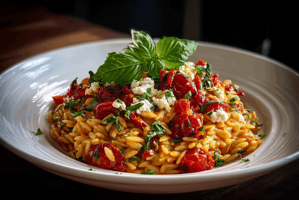 Roasted Red Pepper & Feta Orzo with Fresh Basil