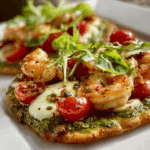 Pesto Shrimp Flatbread with Mozzarella