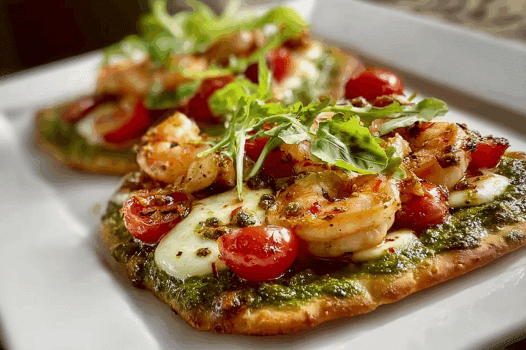 Pesto Shrimp Flatbread with Mozzarella