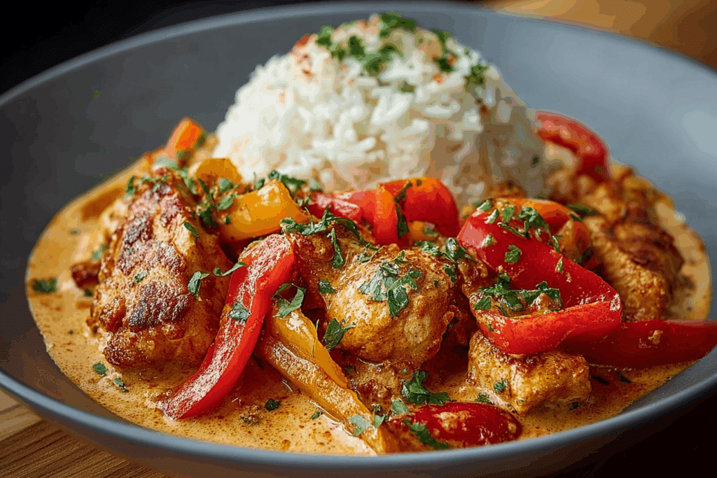 Smoky Creamy Paprika Chicken with Sweet Peppers & Steamed Rice