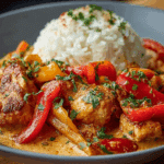 Smoky Creamy Paprika Chicken with Sweet Peppers & Steamed Rice