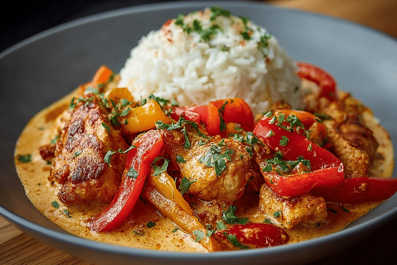 Smoky Creamy Paprika Chicken with Sweet Peppers & Steamed Rice