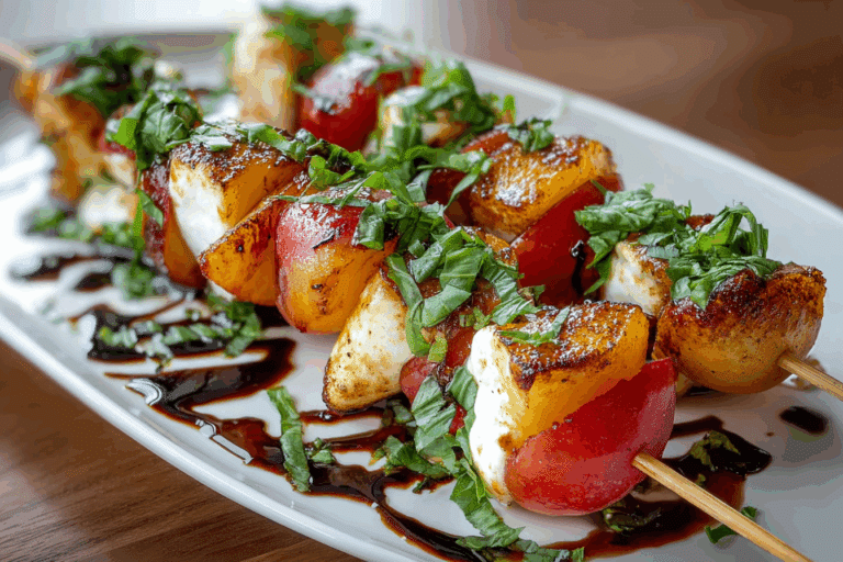 Peach Caprese Skewers with Basil & Balsamic