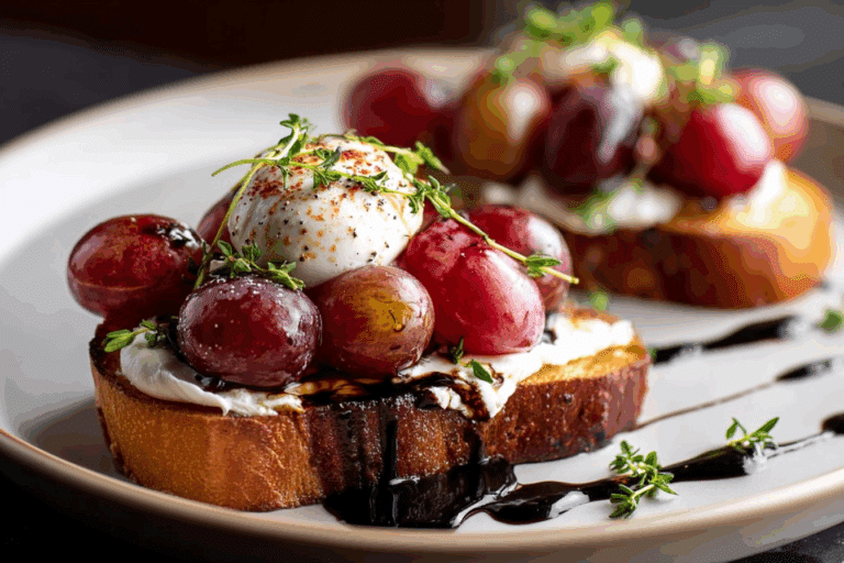 Roasted Grape & Burrata Crostini with Balsamic Glaze & Thyme