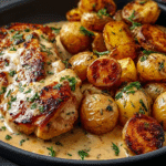 Golden Pan-Seared Chicken in Creamy Garlic Sauce with Crispy Baby Potatoes