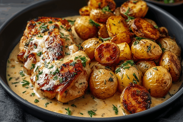 Golden Pan-Seared Chicken in Creamy Garlic Sauce with Crispy Baby Potatoes