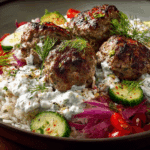 Greek-Style Meatballs with Creamy Tzatziki, Rice & Crisp Vegetables