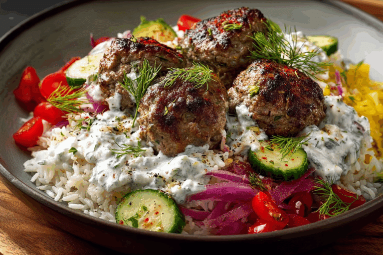 Greek-Style Meatballs with Creamy Tzatziki, Rice & Crisp Vegetables