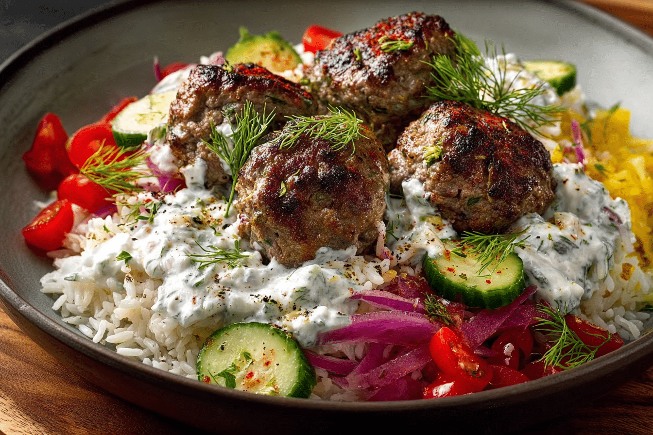 Greek-Style Meatballs with Creamy Tzatziki, Rice & Crisp Vegetables