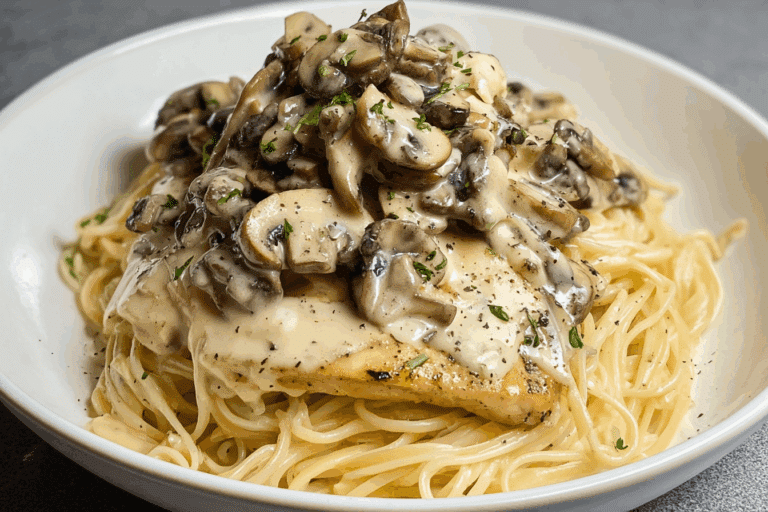 Garlic-Parmesan Chicken & Mushroom Spaghetti in Cream Sauce
