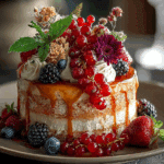 Rustic Caramel Drip Cake with Whipped Vanilla Cream & Fresh Berries