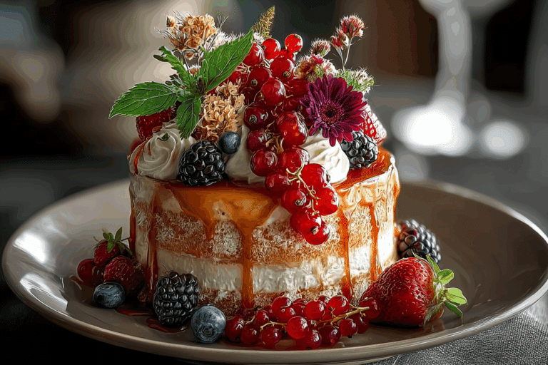 Rustic Caramel Drip Cake with Whipped Vanilla Cream & Fresh Berries