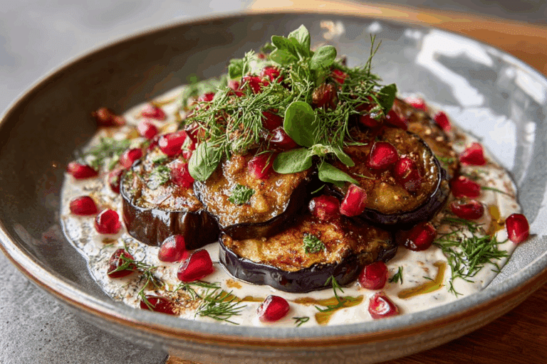 Roasted Eggplant with Lemon Tahini & Pomegranate Seeds