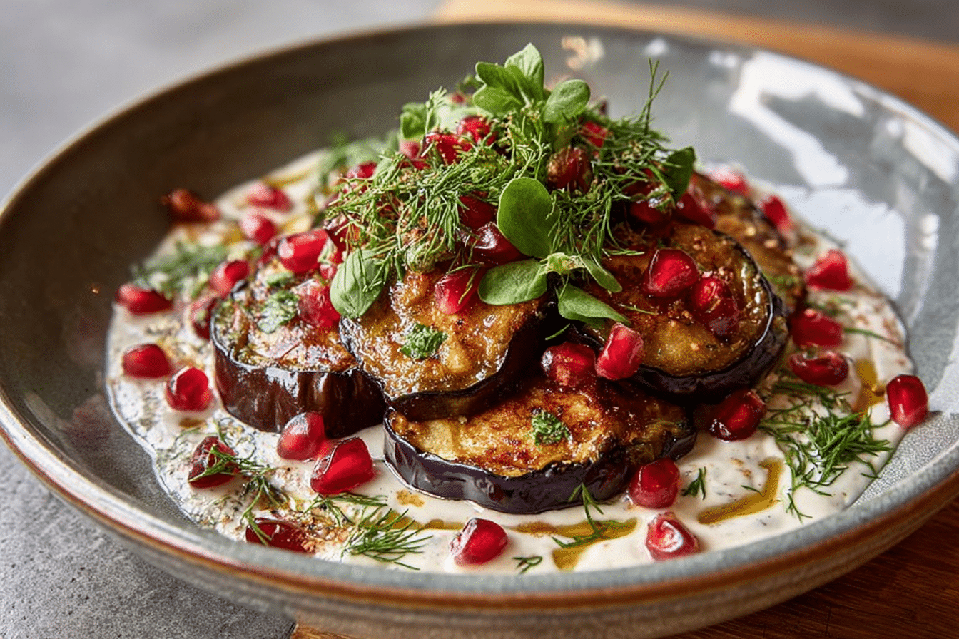 Roasted Eggplant with Lemon Tahini & Pomegranate Seeds