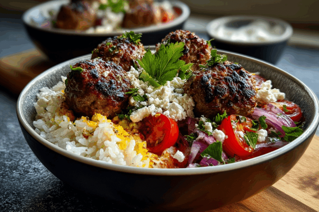 Greek Meatball Bowls with Lemon Rice & Feta Crumble