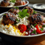 Greek Meatball Bowls with Lemon Rice & Feta Crumble