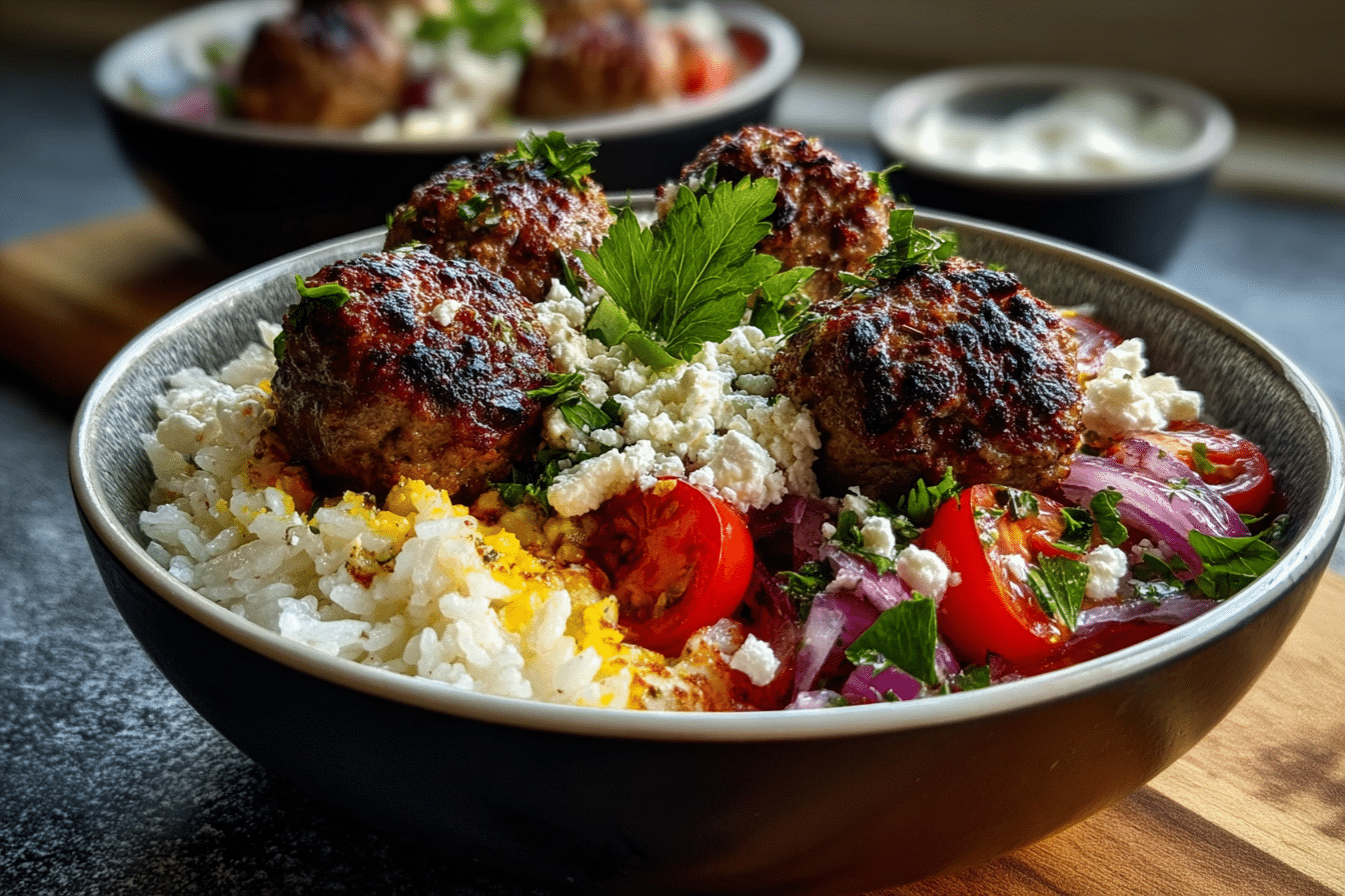 Greek Meatball Bowls with Lemon Rice & Feta Crumble