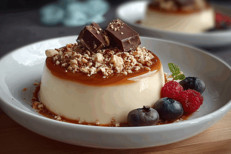 CREAMY VANILLA PUDDING WITH MILK CHOCOLATE & HAZELNUT TOPPING