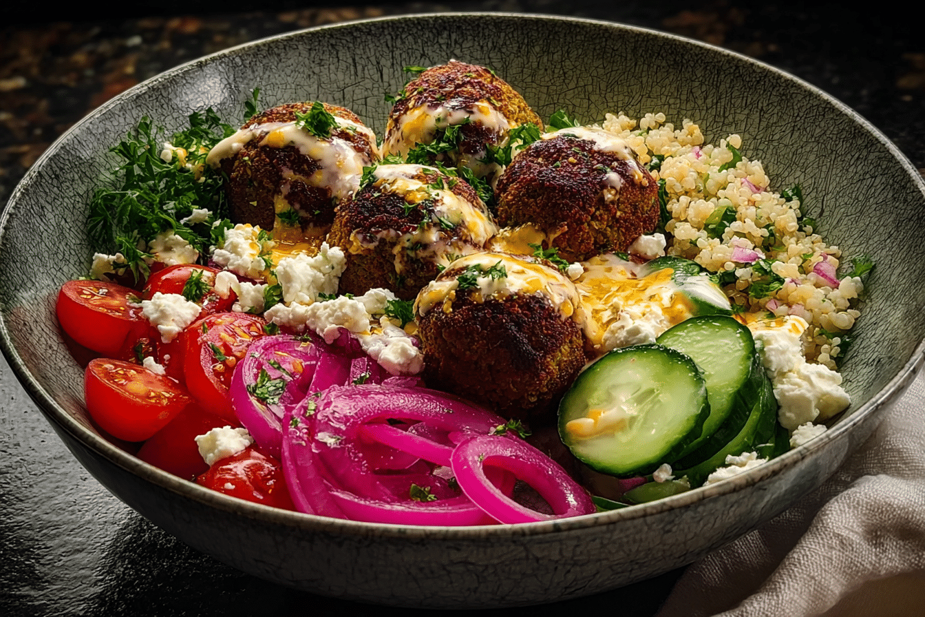 Falafel Bowl with Feta, Lemon Tahini & Cucumber