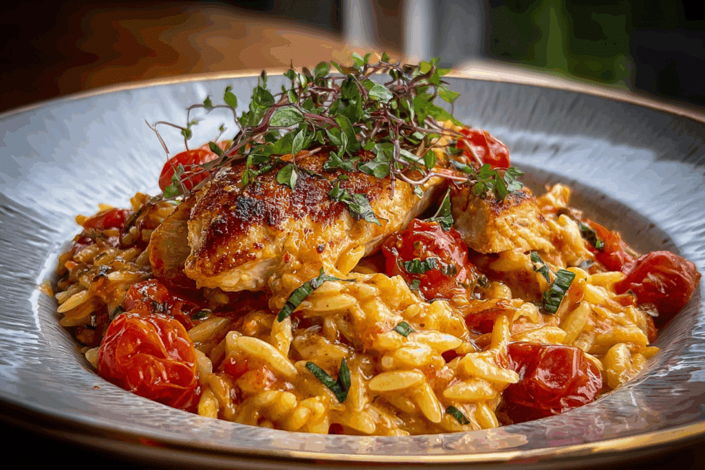 One-Pan Creamy Tomato Basil Orzo with Chicken