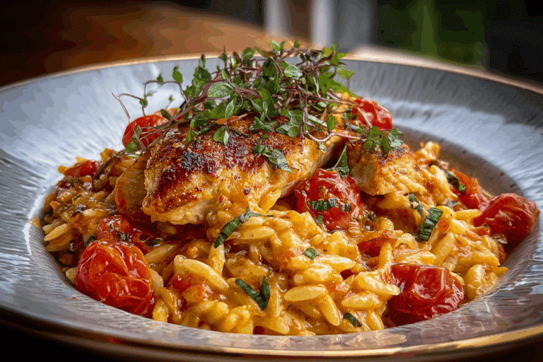 One-Pan Creamy Tomato Basil Orzo with Chicken