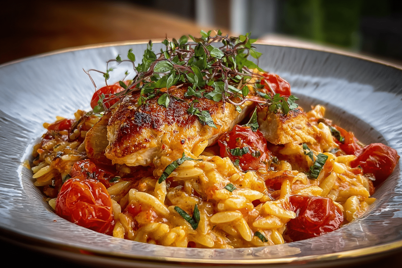 One-Pan Creamy Tomato Basil Orzo with Chicken