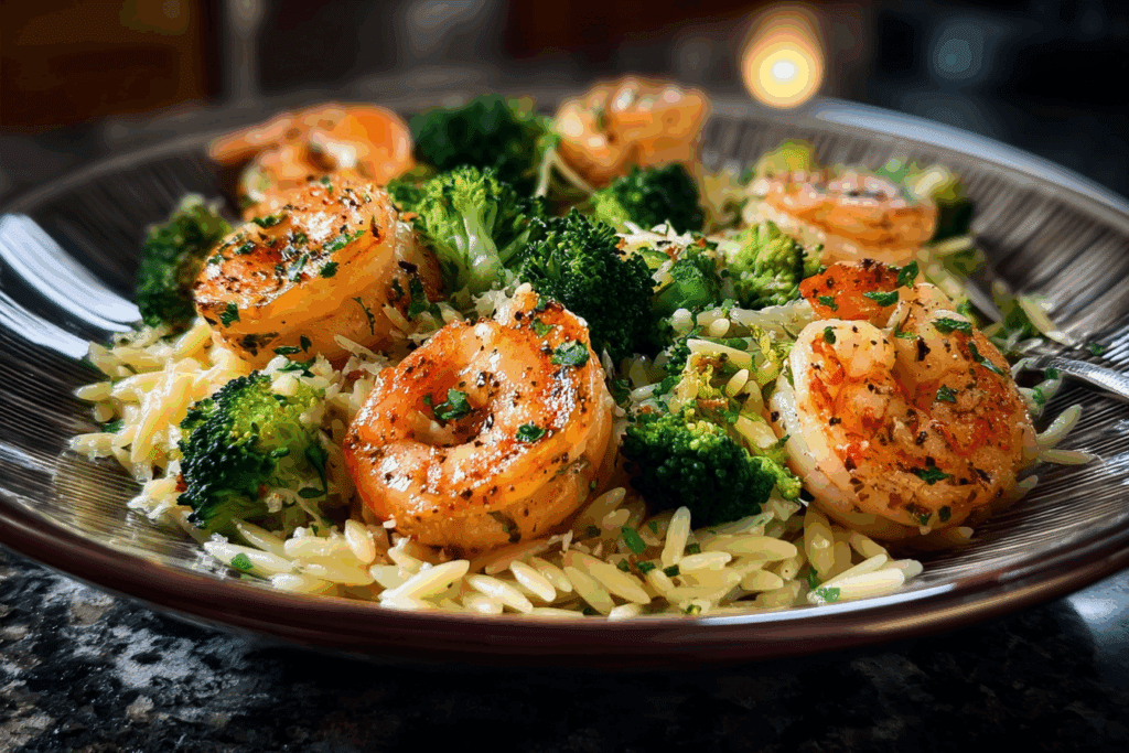 Garlic Shrimp & Broccoli Orzo Skillet
