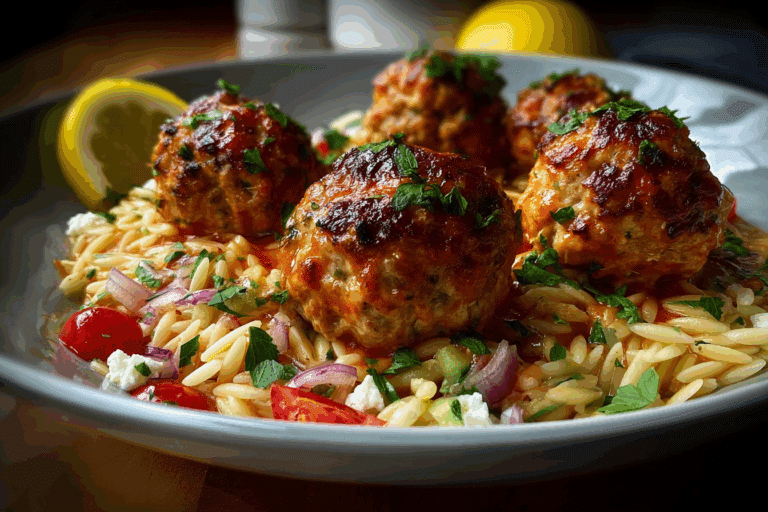 Baked Ricotta Lemon Meatballs over Orzo Salad