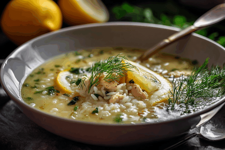 Greek Lemon Chicken Soup with Rice and Dill