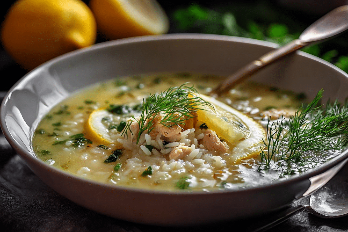 Greek Lemon Chicken Soup with Rice and Dill