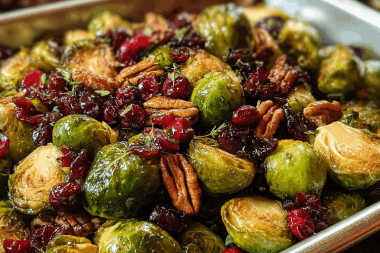 Balsamic Roasted Brussels Sprouts with Cranberries & Pecans