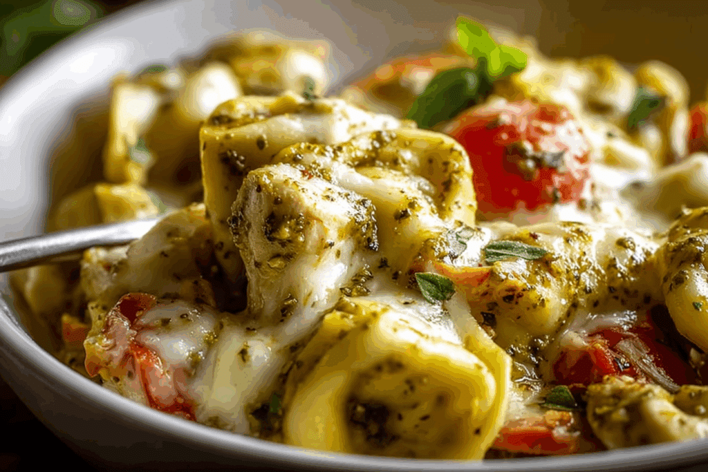 Slow Cooker Tortellini Casserole with Cheesy Chicken & Pesto