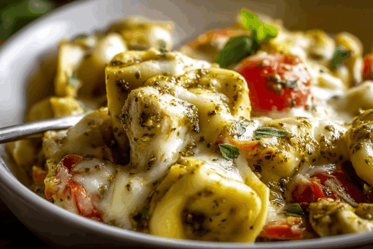 Slow Cooker Tortellini Casserole with Cheesy Chicken & Pesto