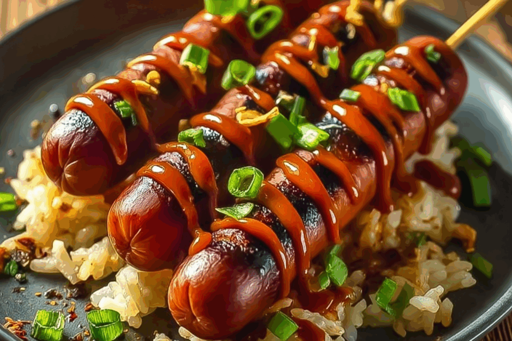 Hot Dog Skewers with Sriracha Glaze