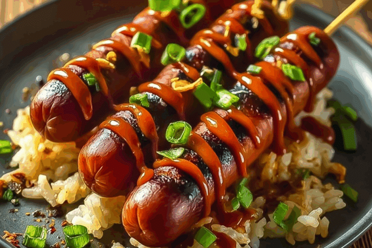Hot Dog Skewers with Sriracha Glaze
