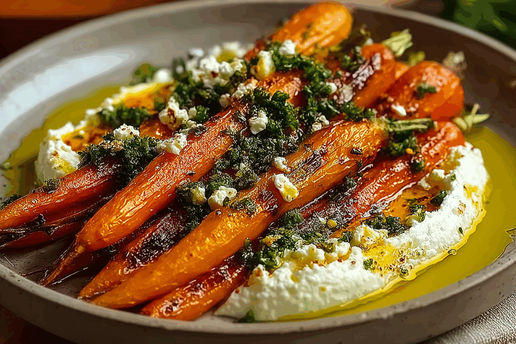 Roasted Carrots with Whipped Ricotta Hot Honey Drizzle & Gremolata