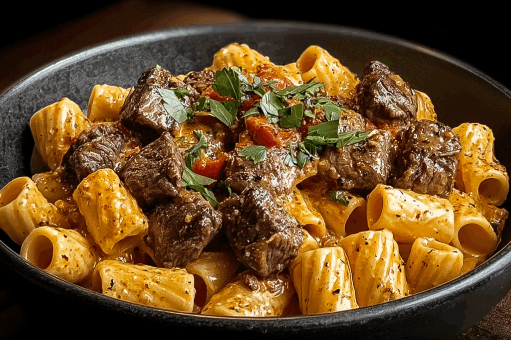 Cajun Steak Tips in Cheesy Rigatoni Parmesan Sauce