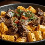 Cajun Steak Tips in Cheesy Rigatoni Parmesan Sauce