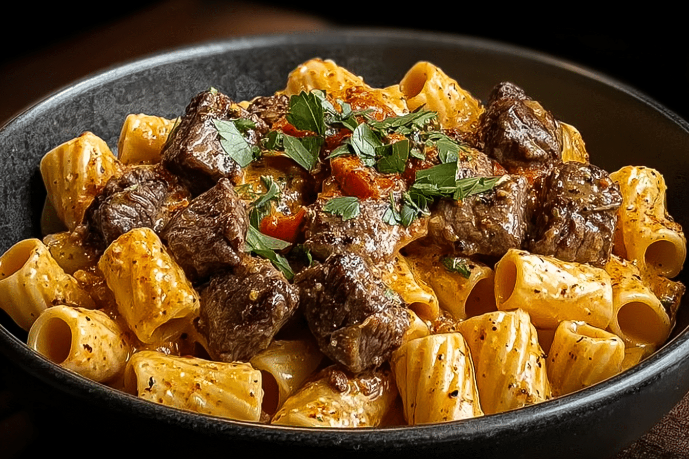 Cajun Steak Tips in Cheesy Rigatoni Parmesan Sauce