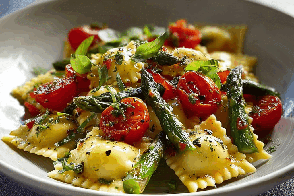 Ravioli with Tomatoes Asparagus Garlic & Herbs