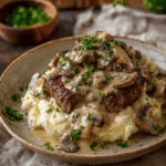 Steak & cheesy mash with creamy garlic mushroom sauce