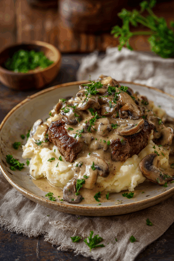 Steak & cheesy mash with creamy garlic mushroom sauce