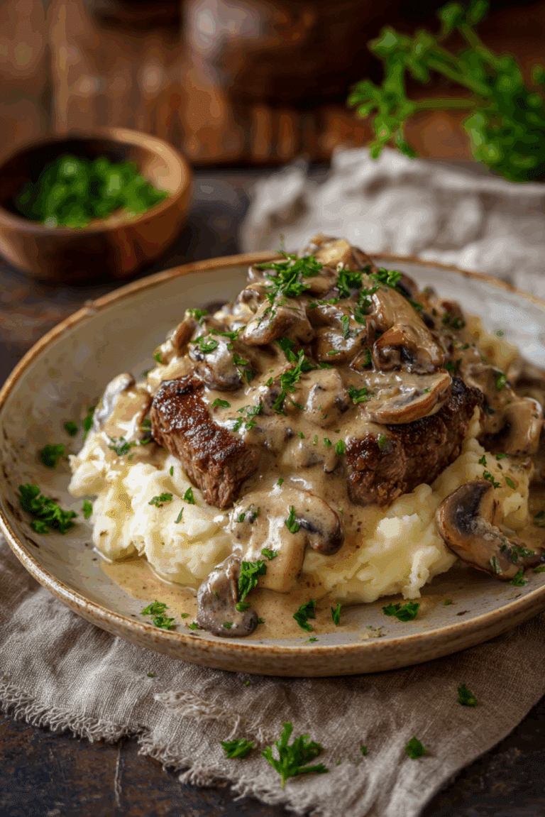 Steak & cheesy mash with creamy garlic mushroom sauce