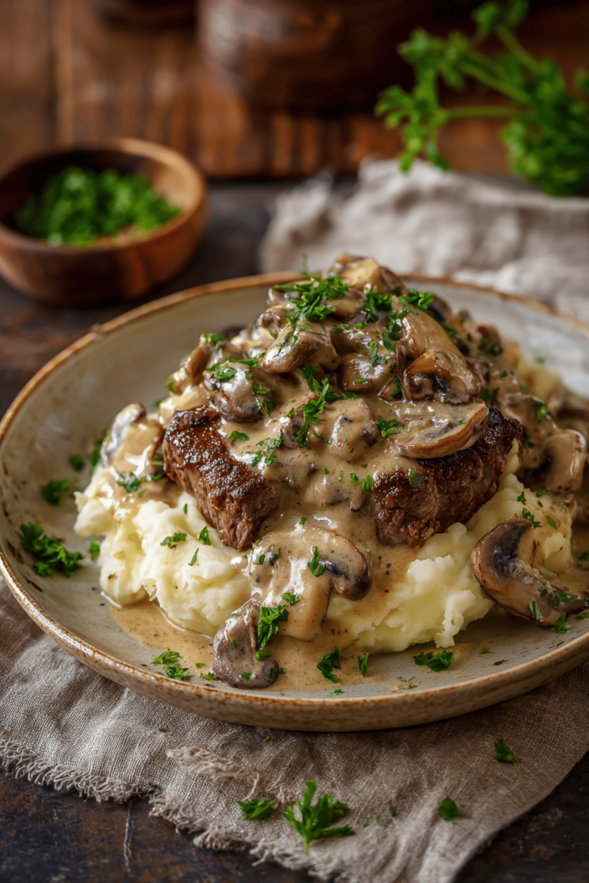 Steak & cheesy mash with creamy garlic mushroom sauce