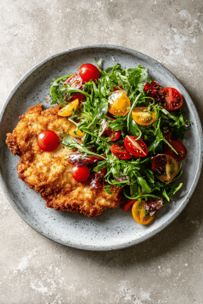 Crispi Chicken bun with an heirloom tomato and arugula salad