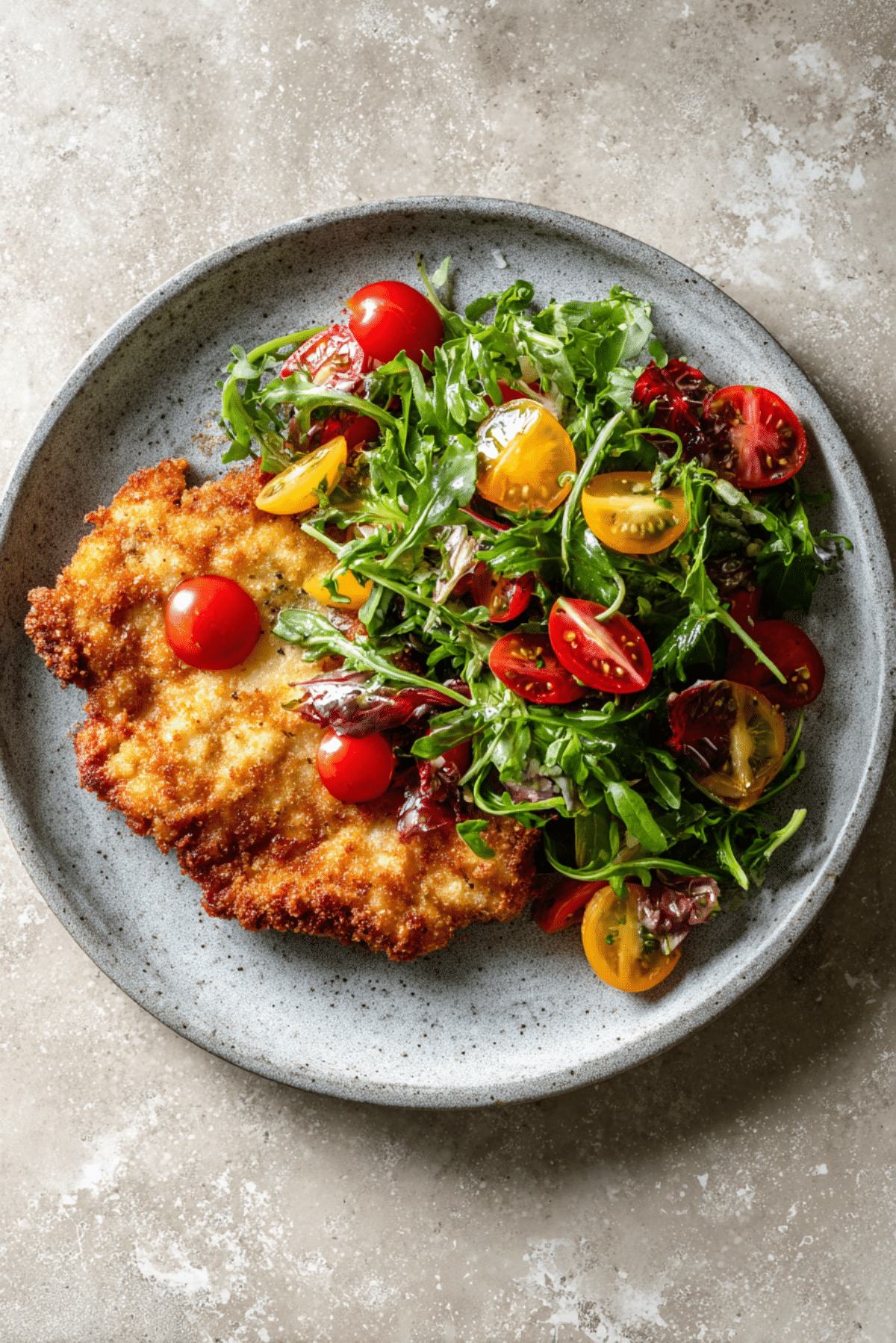 Crispi Chicken bun with an heirloom tomato and arugula salad